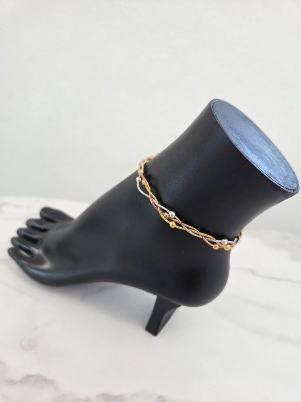 Tri-Tone Beaded Snake Chain Anklet Braided Gold Rose Gold Silver - Picture 4 of 12